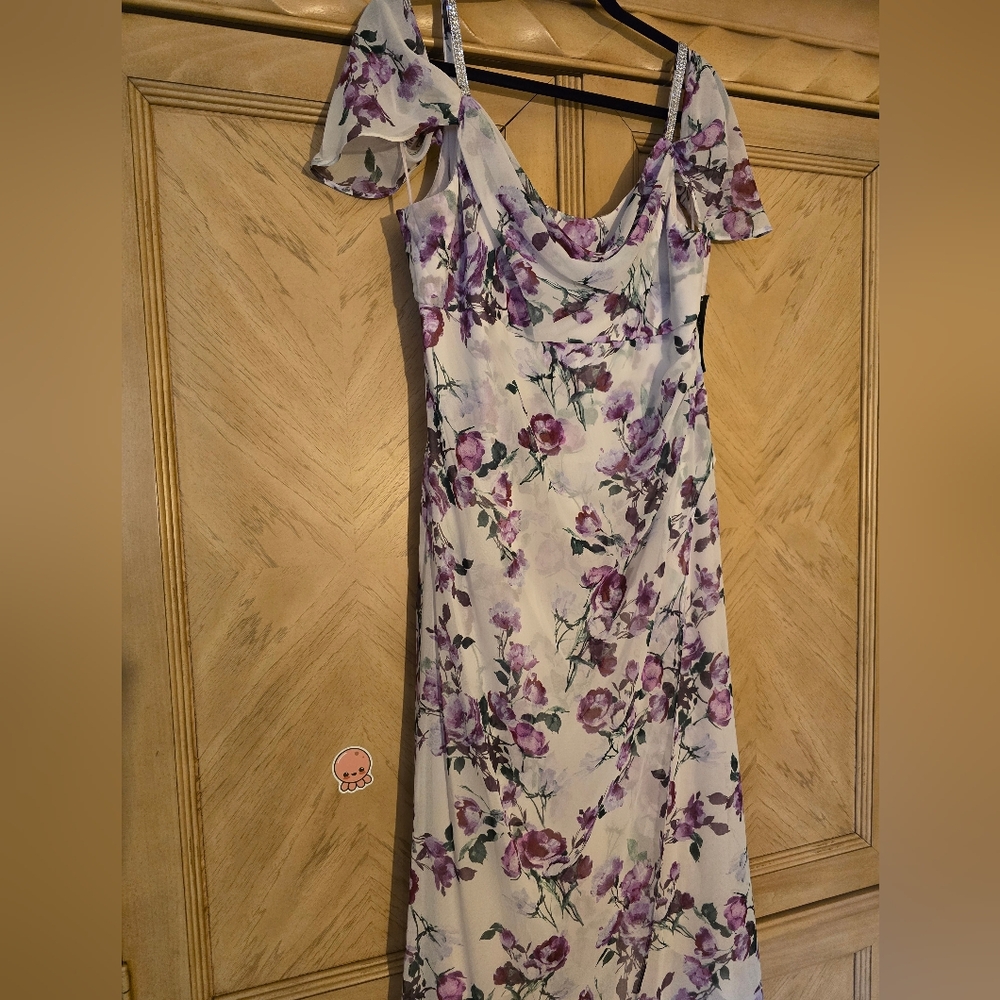 R&M Richards Rhinestone Off the Shoulder Floral Dress. White/ Purple/Green. 16 - Picture 12 of 16